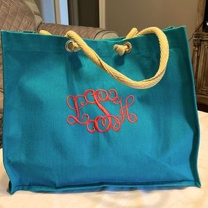 Royal Standard Teal Jute Tote with Monogram LSH